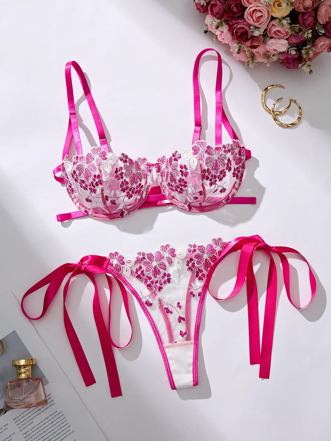 Floral Embroidery Lingerie Set